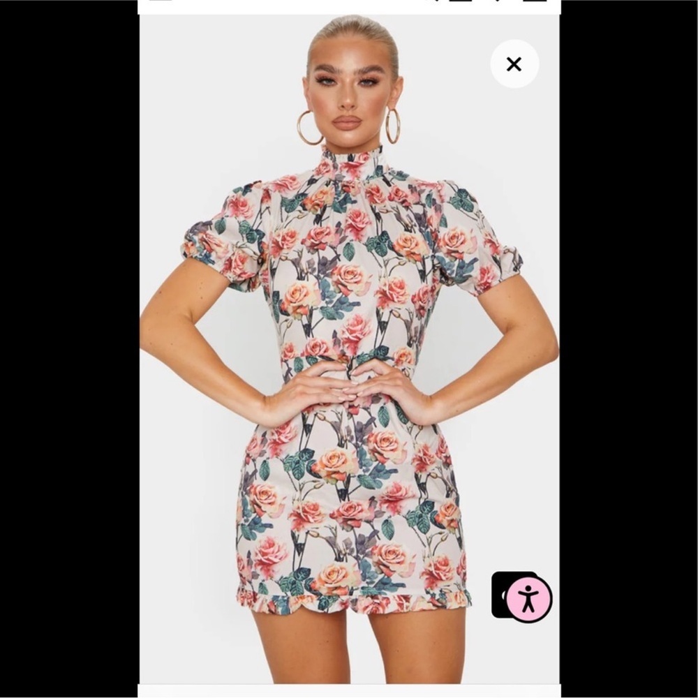 PrettyLittleThing Floral Nude Rose Bodycon Dress Size 4